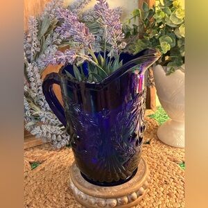 Vintage Cobalt Blue Glass Pitcher with Decorative Cherries 🍒